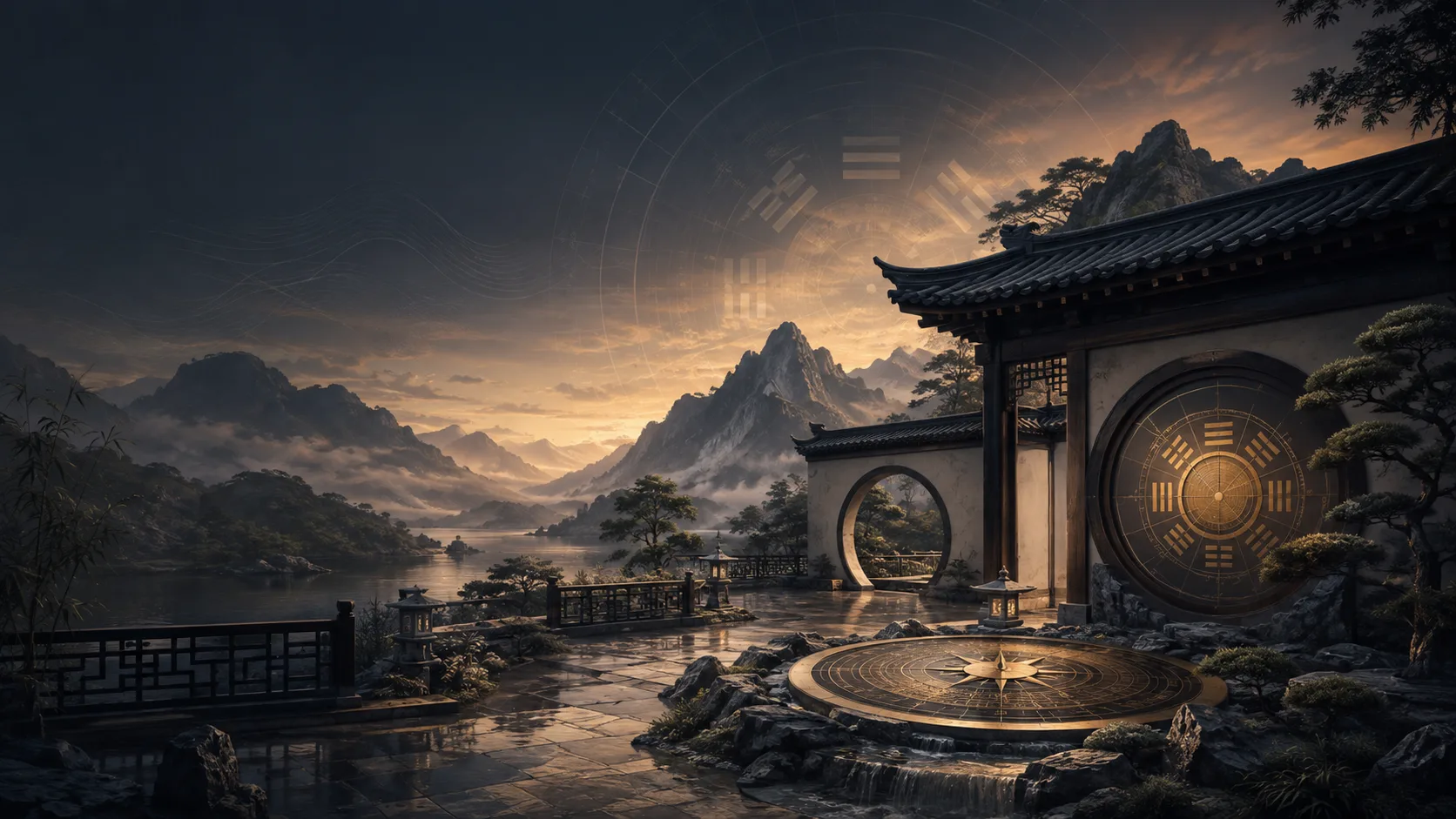 Traditional Chinese Feng Shui courtyard, compass and mountain landscape