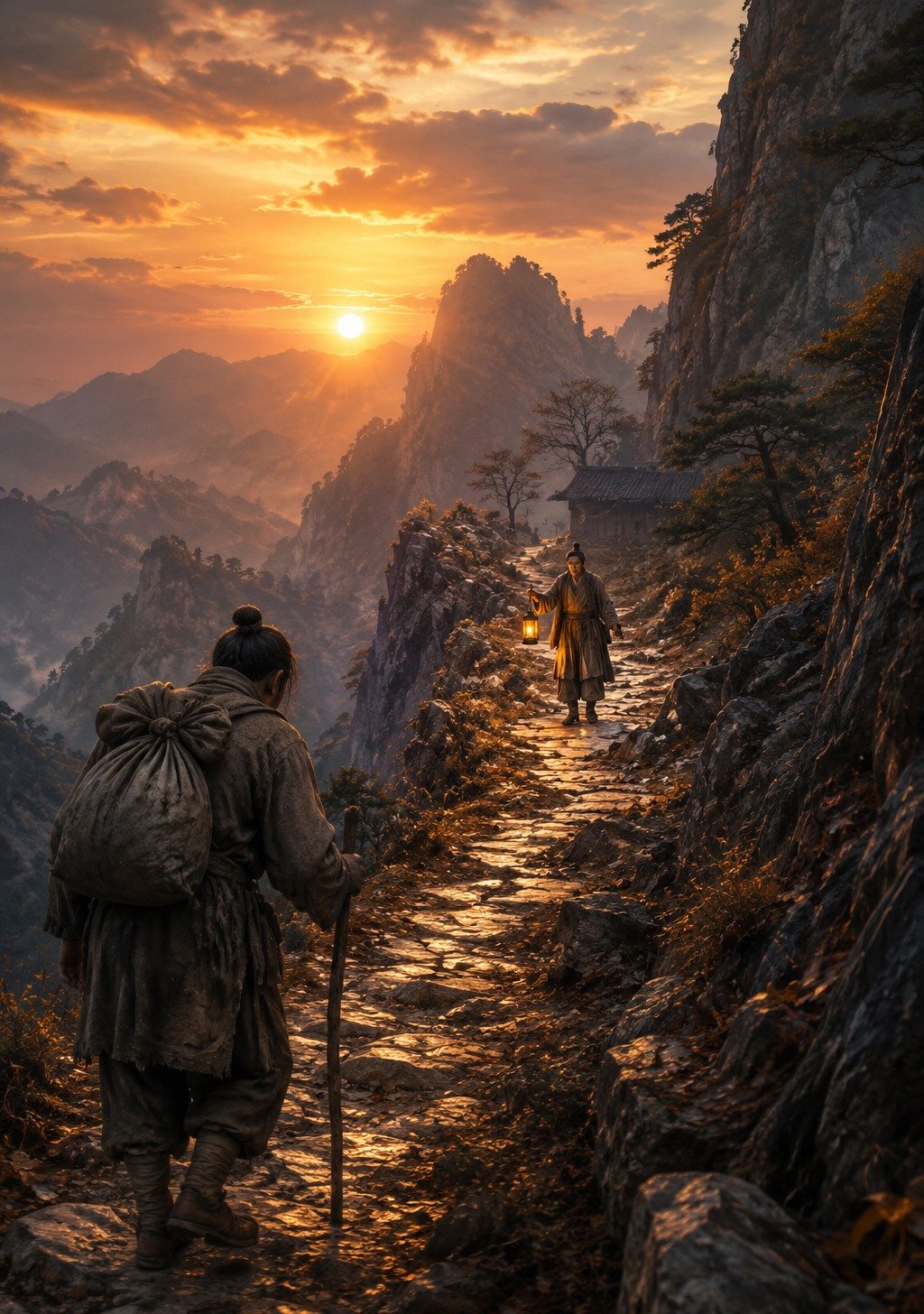 Chinese Mountain Road One Traveler Returning to Help Another at Dusk – Noble Helper Blessing