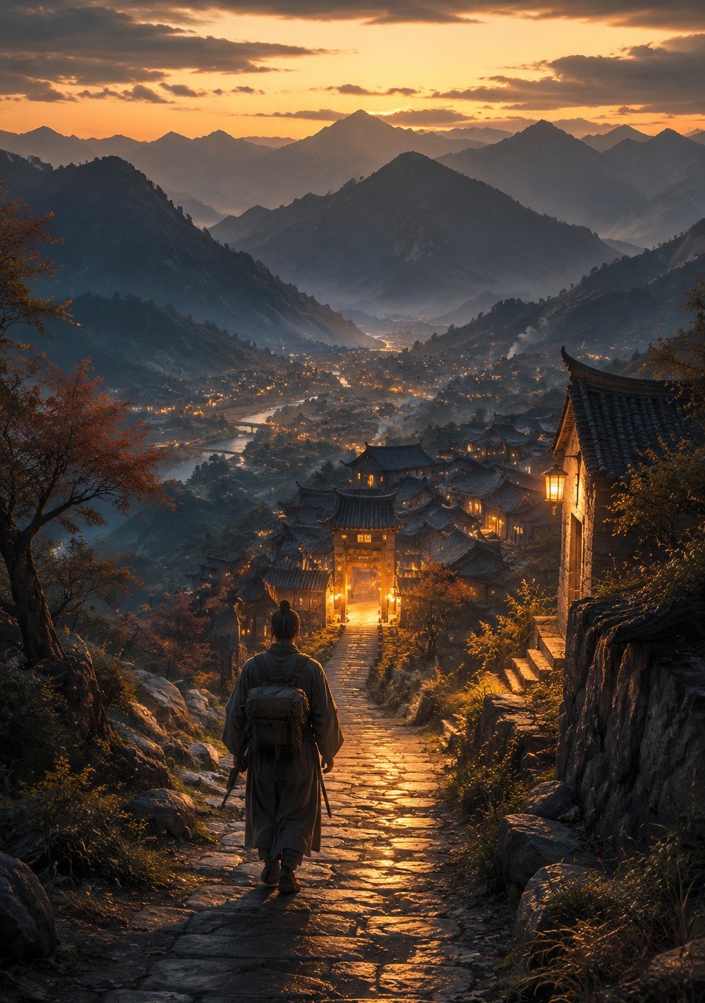 Traveler Returning Down Mountain Toward Warmly Lit Chinese Village at Evening – Homecoming Wallpaper
