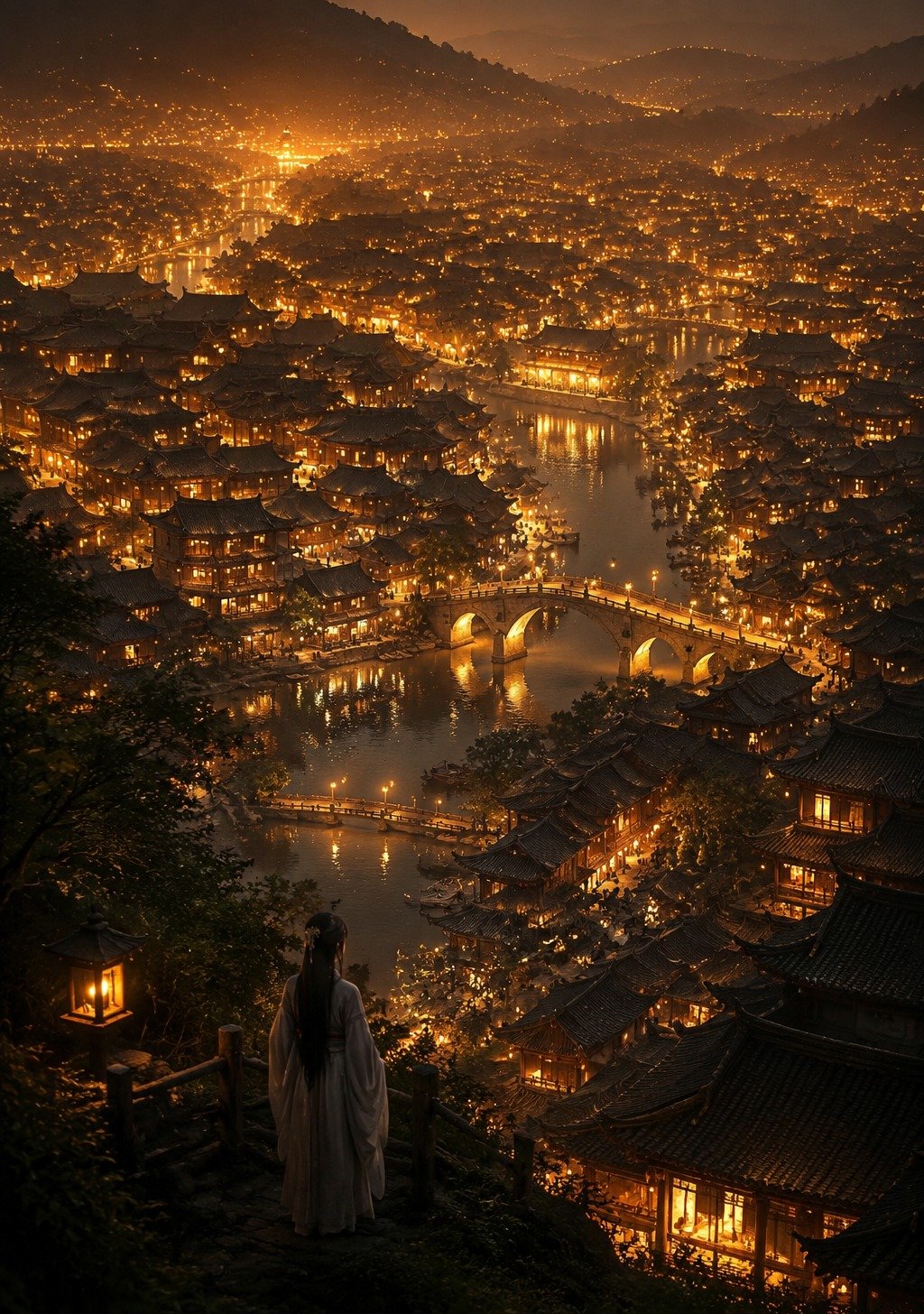 Traditional Chinese Ancient Town at Night Countless Warm Lights One Figure Watching – Belonging Wallpaper