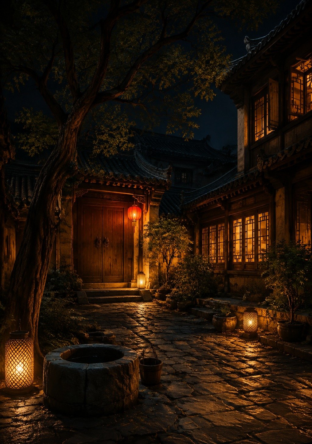 Traditional Chinese Courtyard at Night with Warm Lights in Windows – Peace Blessing Wallpaper