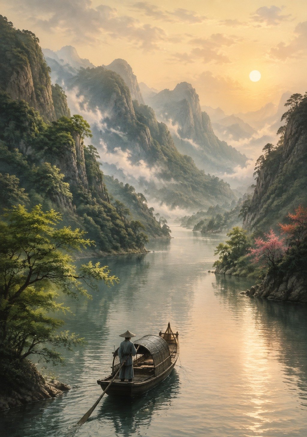 Traditional Chinese Boat Moving Smoothly Downstream with Green Mountains – Smooth Blessing Wallpaper