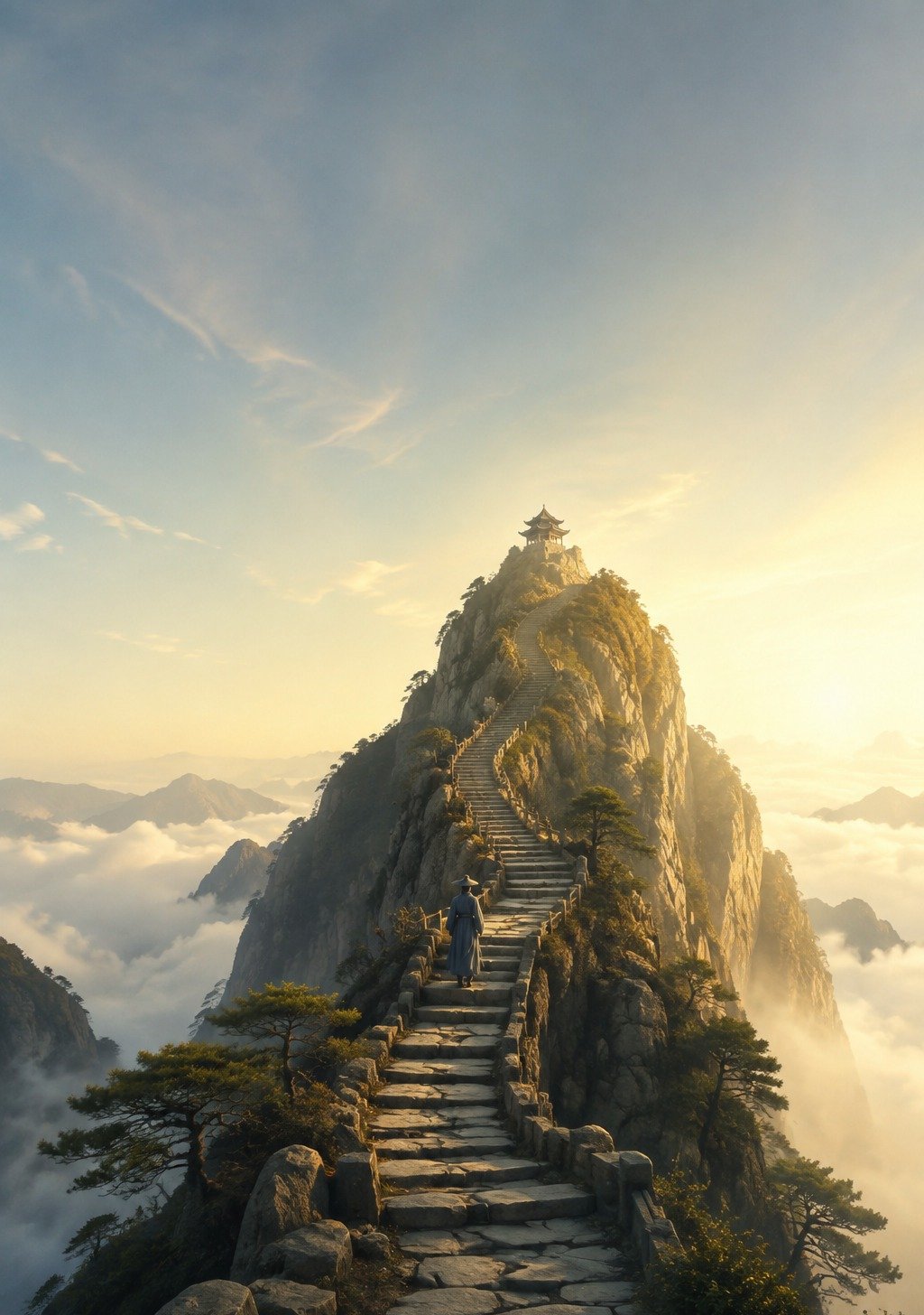 Figure Climbing High Mountain Steps Toward Misty Summit – Career Achievement Wallpaper
