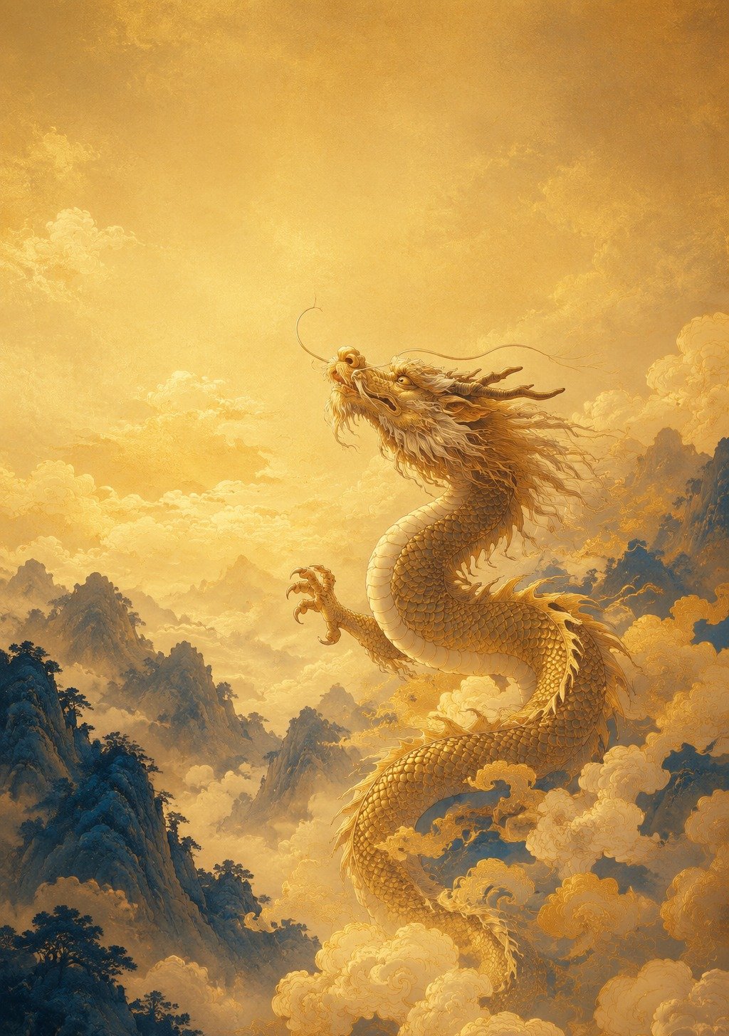 Chinese Dragon Rising Through Clouds With Rising Sun – Career Power Achievement Wallpaper