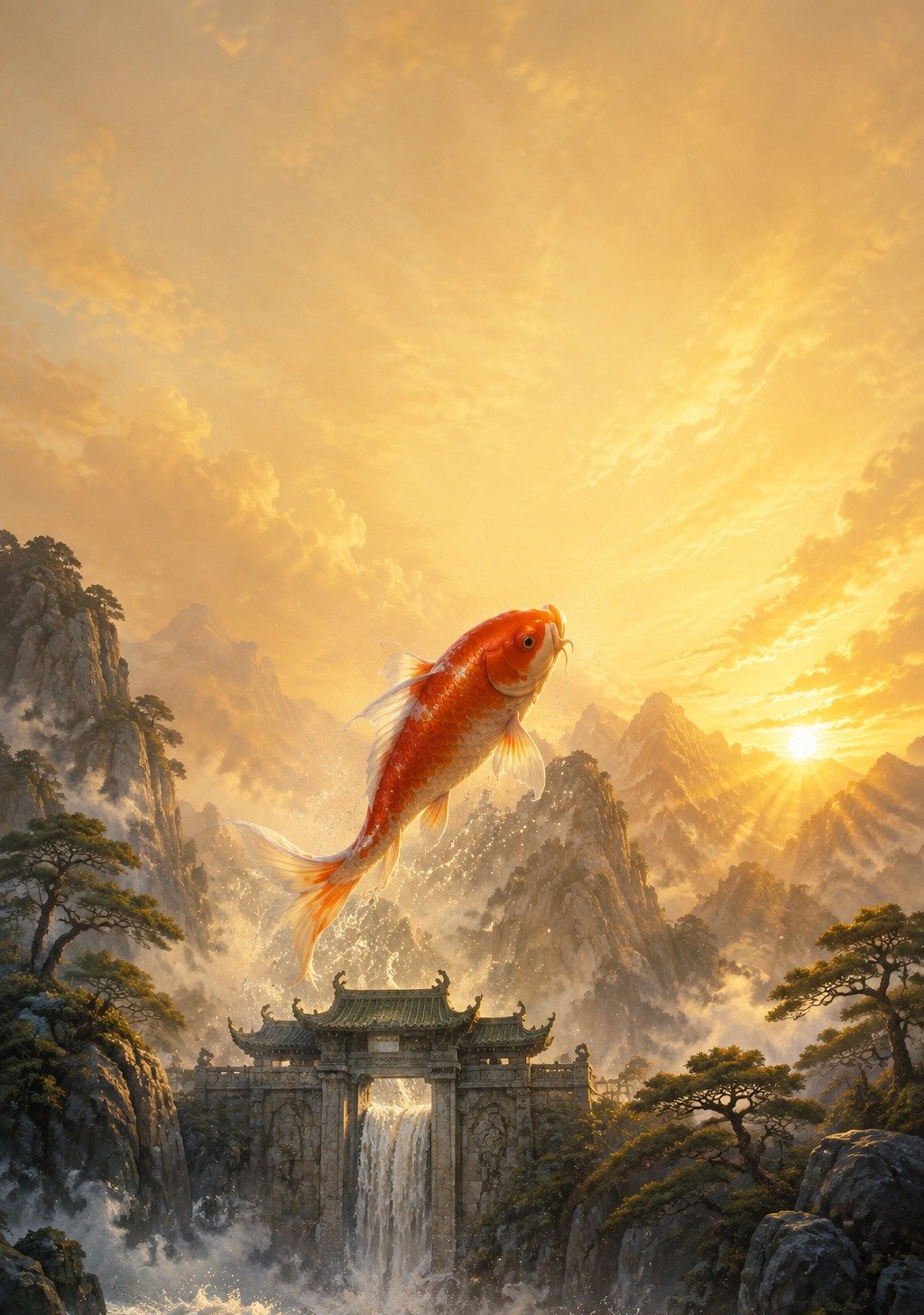 Koi Fish Leaping Over Ancient Dragon Gate in Mist – Career Transformation Wallpaper