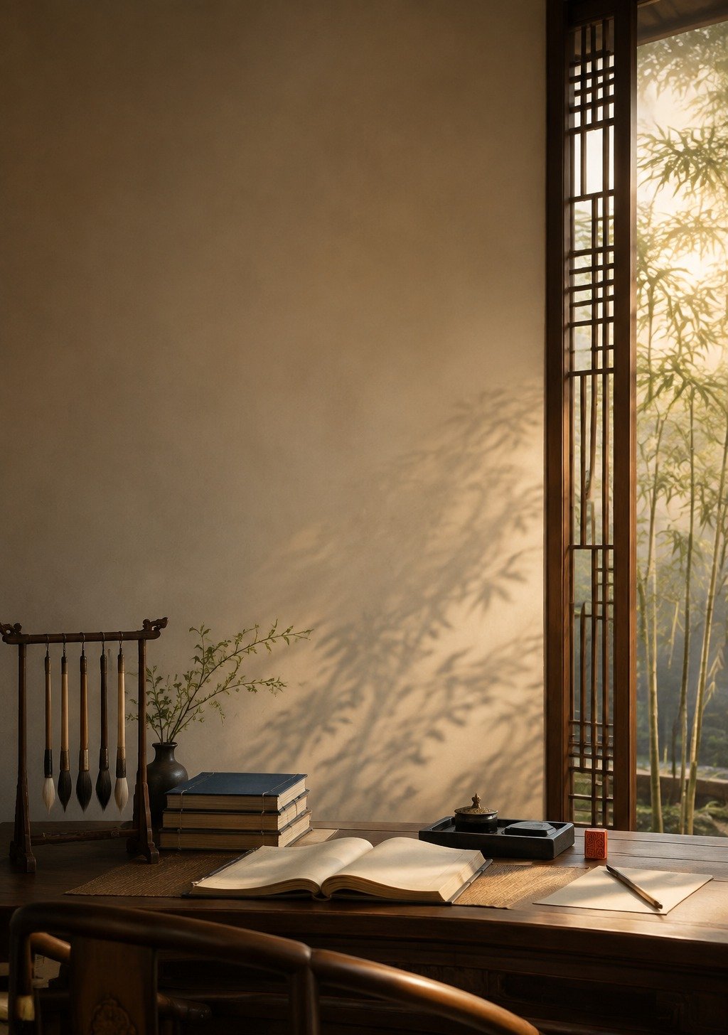 Traditional Chinese Scholar Desk at Lamplight With Books and Inkstone – Study Career Wallpaper