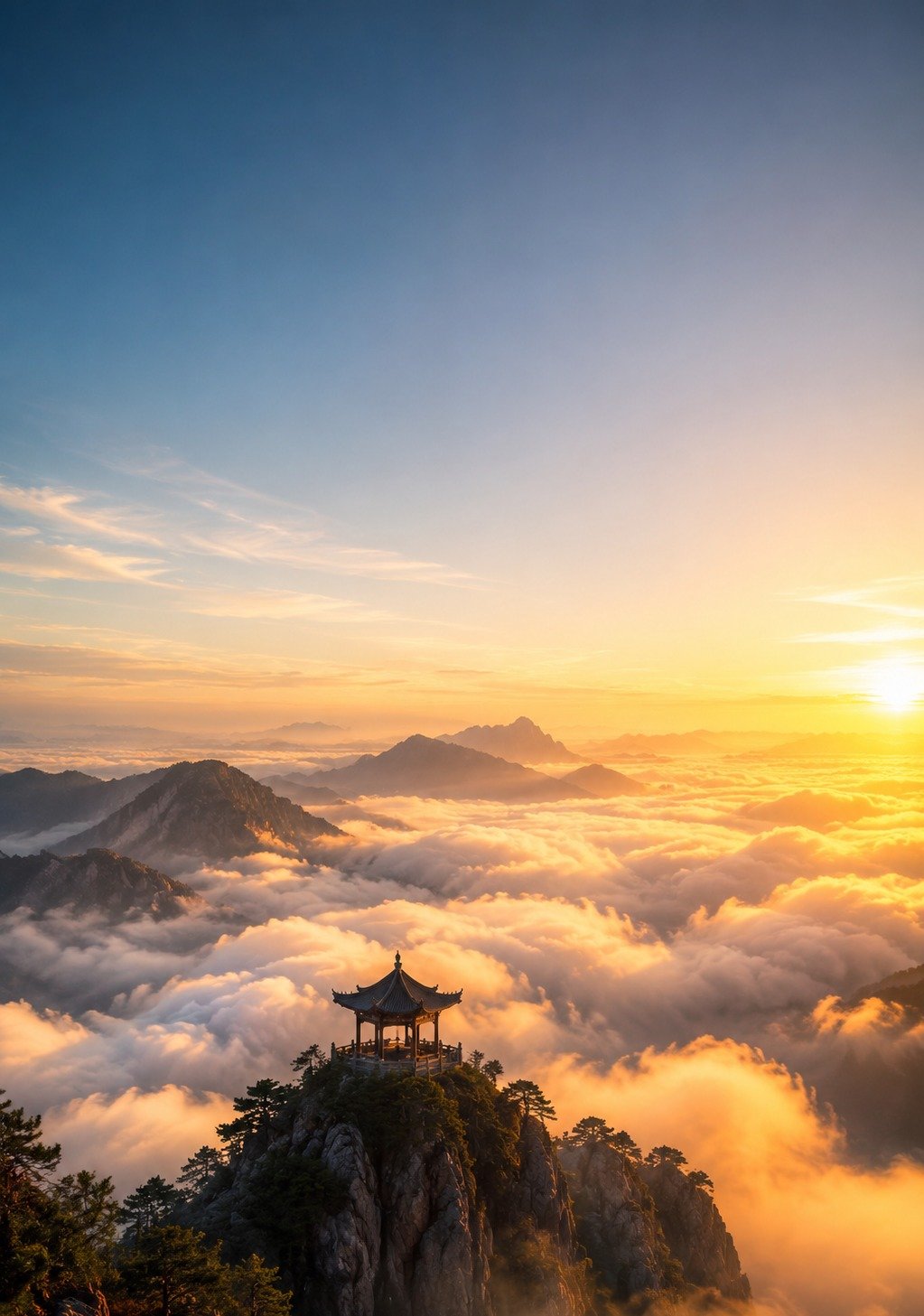 Figure at Mountain Summit Overlooking Vast Landscape at Golden Hour – Achievement Summit Wallpaper