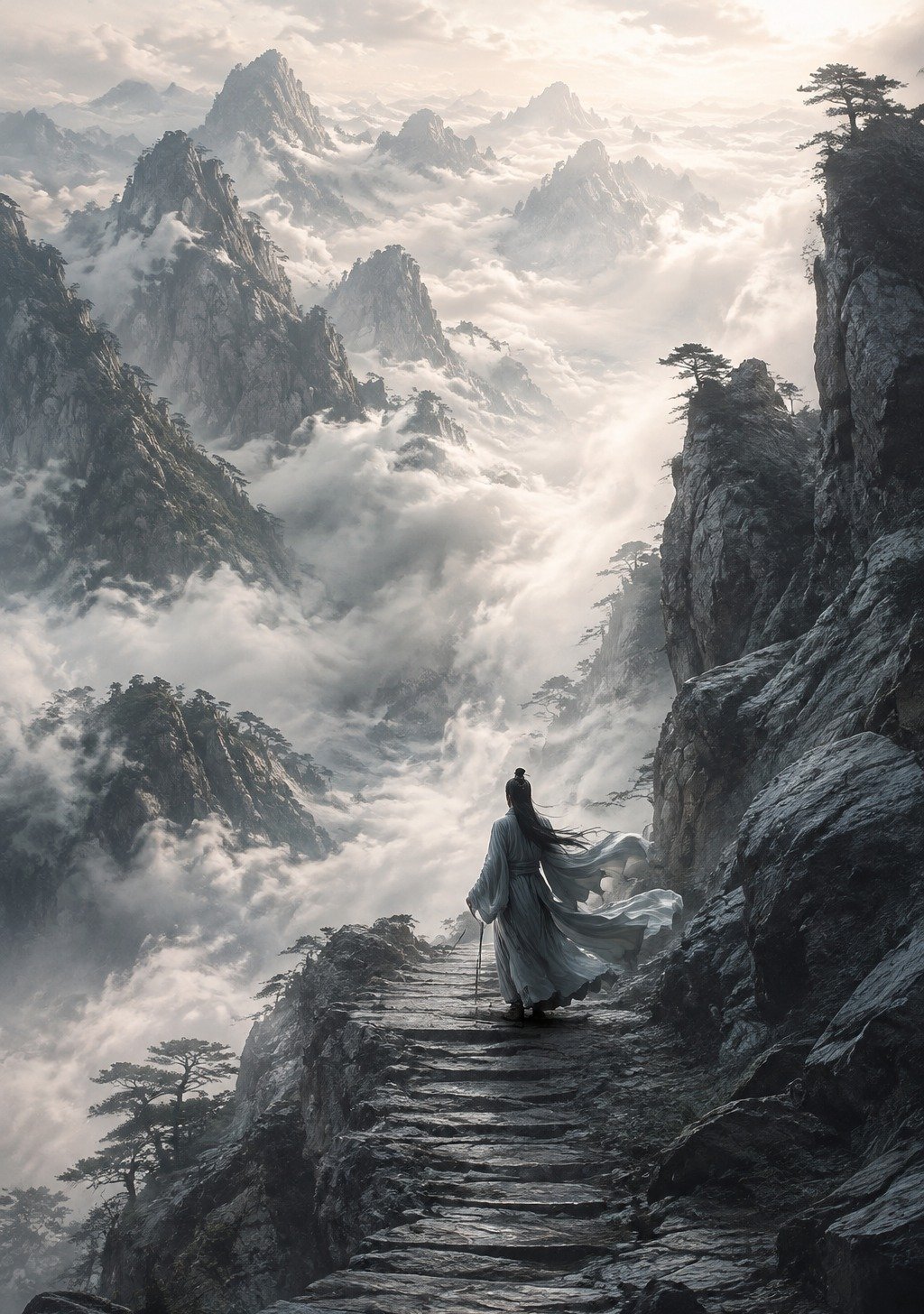 Lone Figure Walking Toward Vast Chinese Mountain Range at Dawn – Courage Wallpaper