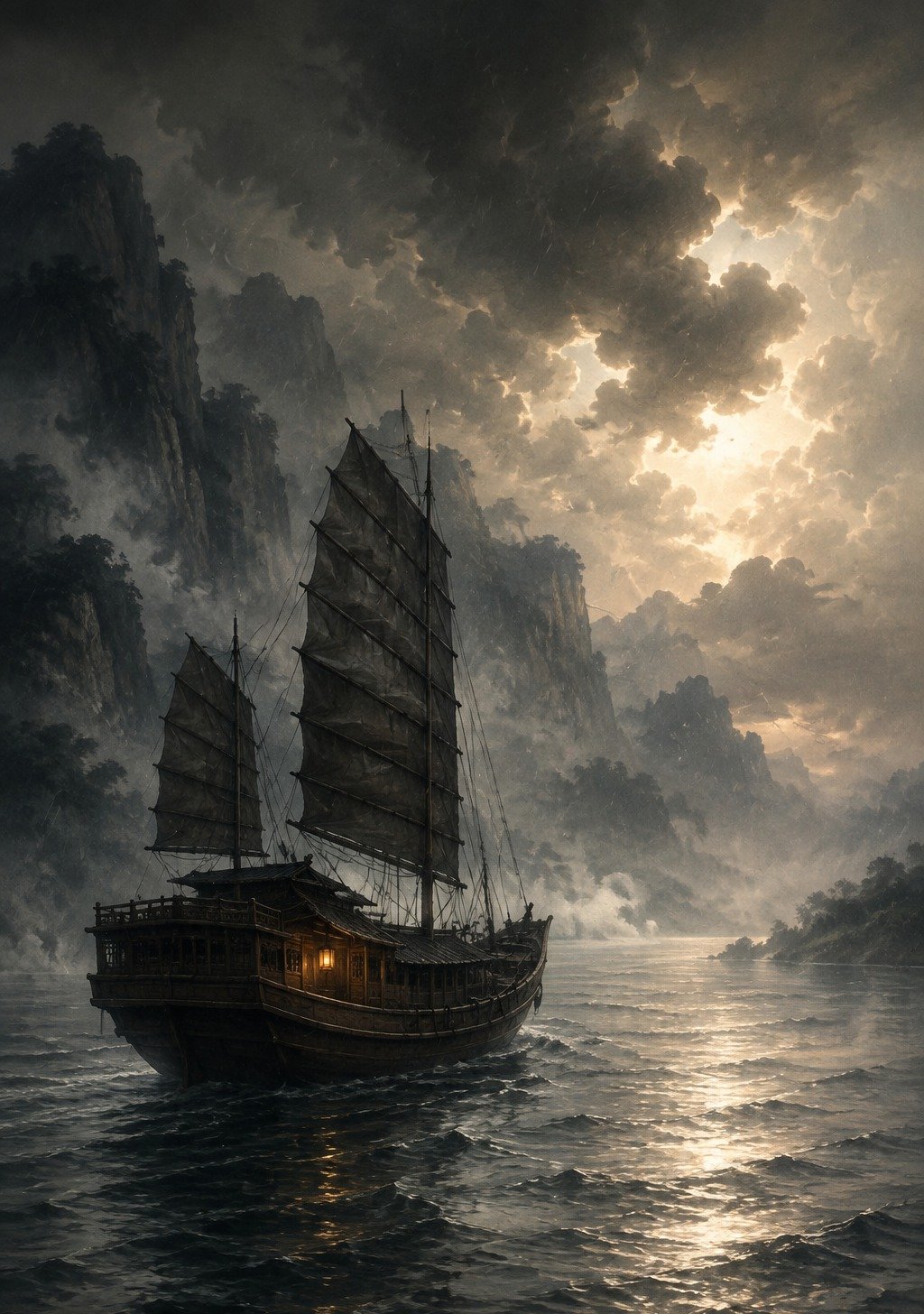 Mountain Peak Rising Through Sea of Clouds Chinese Landscape – Ambition Wallpaper