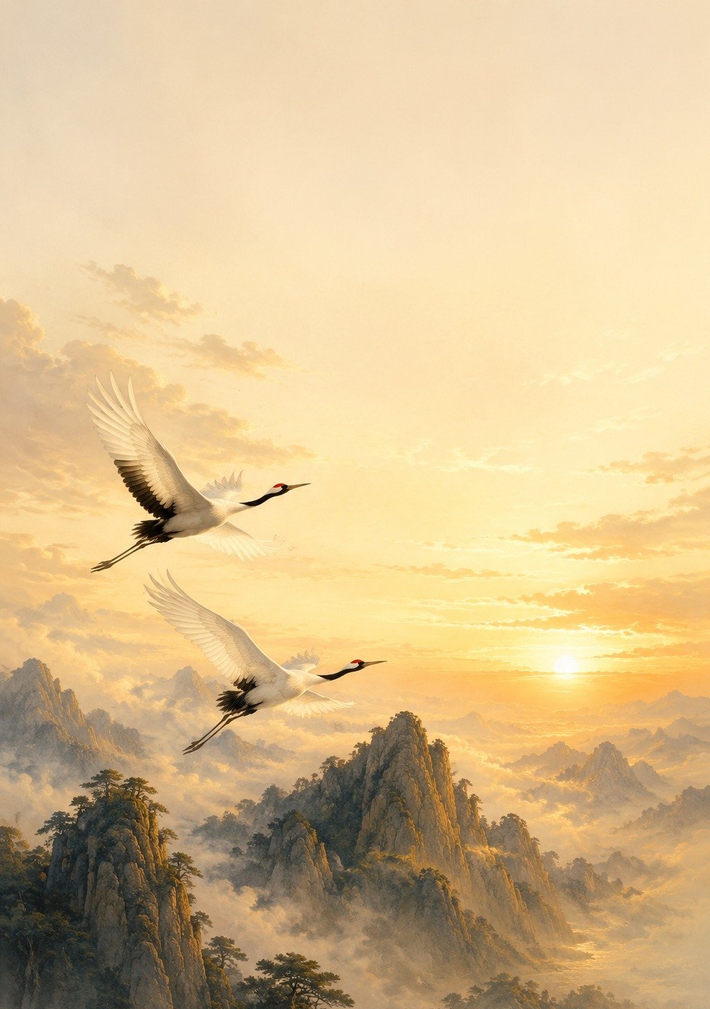 White Crane Standing in Shallow Water with Misty Mountains – Longevity Grace Wallpaper