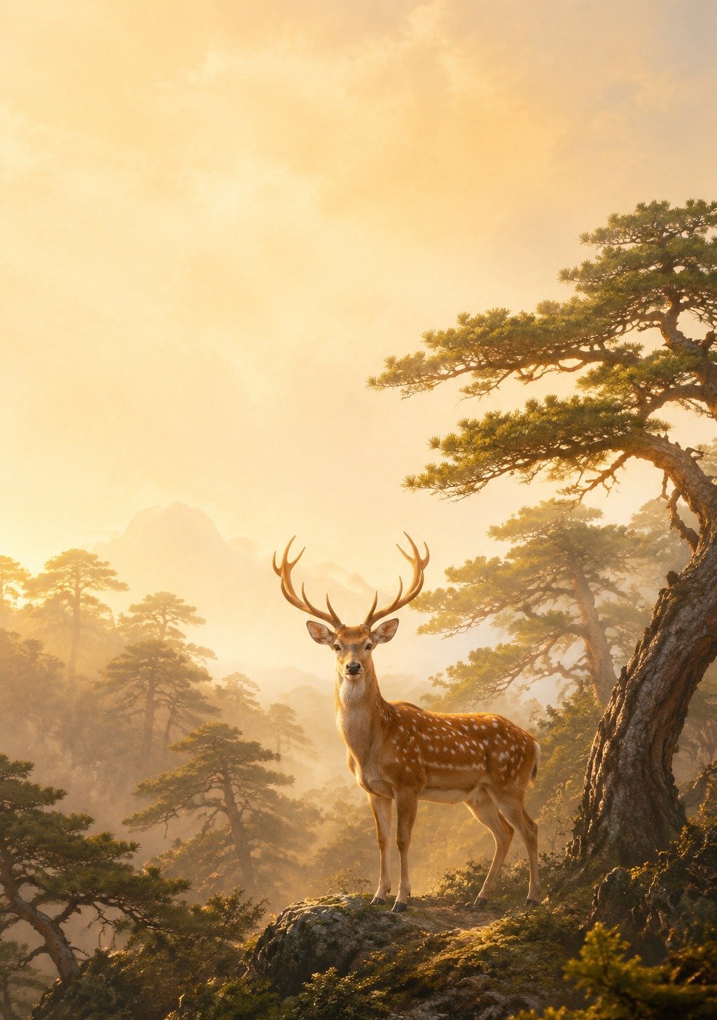 White Deer Standing in Misty Chinese Mountain Forest – Auspicious Fortune Creature Wallpaper