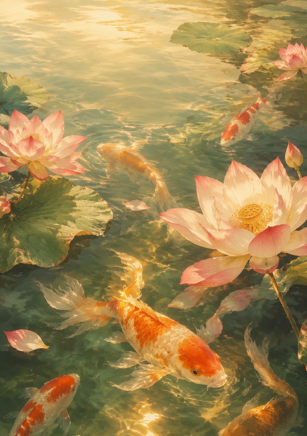 Golden Koi Fish Leaping Through Waterfall in Chinese Landscape – Achievement Good Fortune Wallpaper
