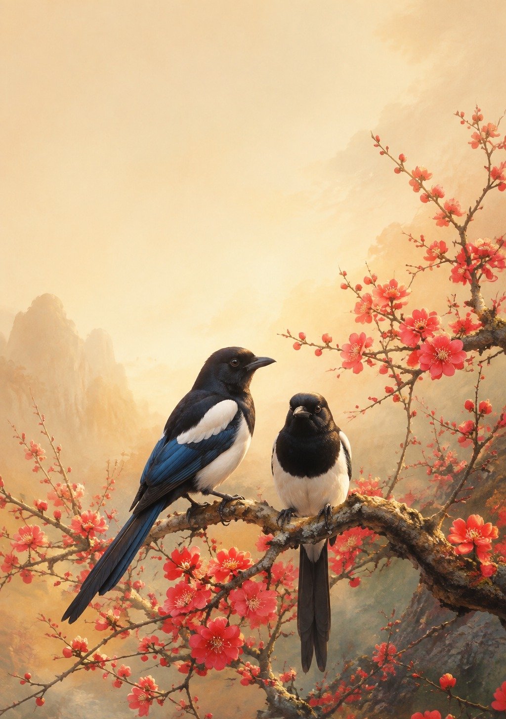 Magpie on Plum Branch in Snow Chinese Style – Good News Fortune Wallpaper