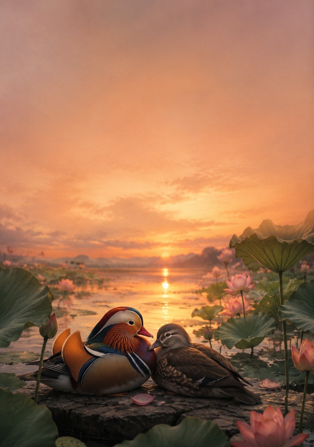 Vivid Mandarin Duck Pair on Lotus Pool in Morning Light – Love Fortune Creature Wallpaper