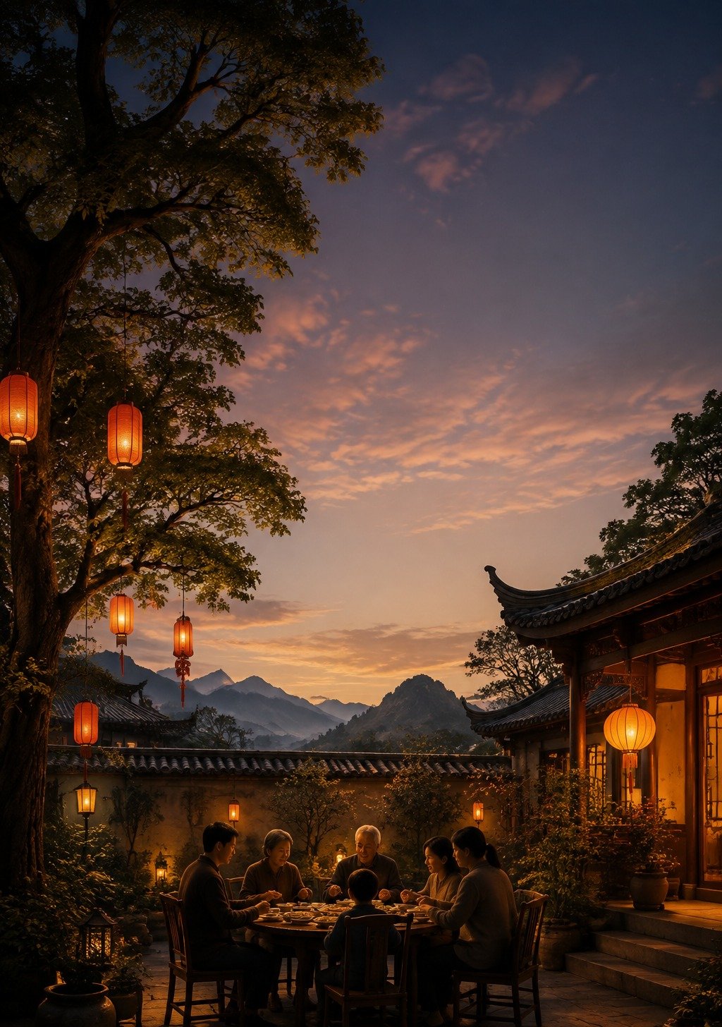 Three Generations of Chinese Family in Courtyard at Sunset – Legacy Love Wallpaper