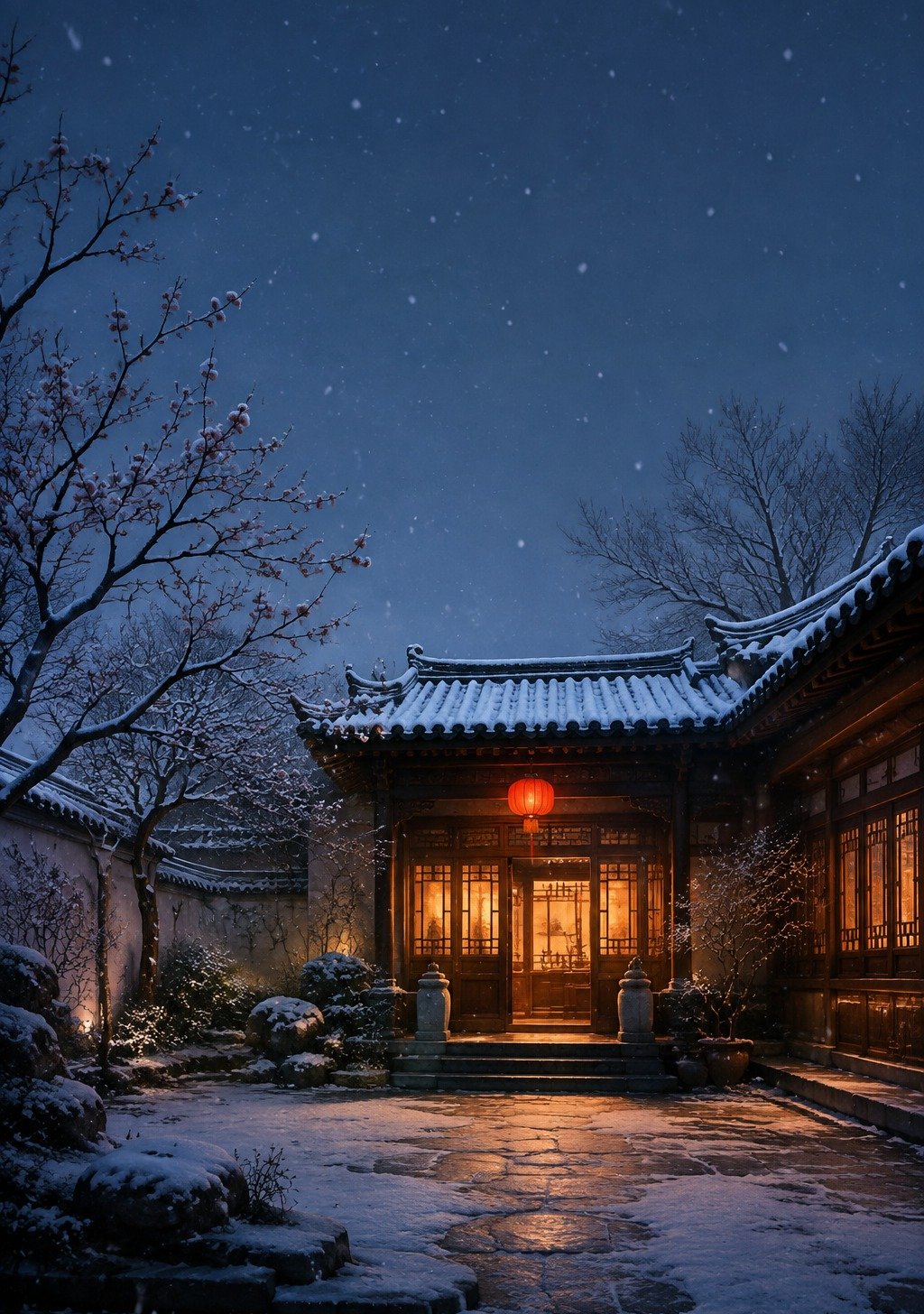 Warm Chinese Family Kitchen on New Year Eve with Lanterns – Nian Eve Reunion Wallpaper