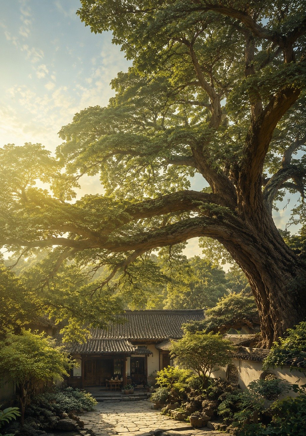 Elderly Chinese Grandparent with Grandchild in Traditional Garden – Continuity Love Wallpaper