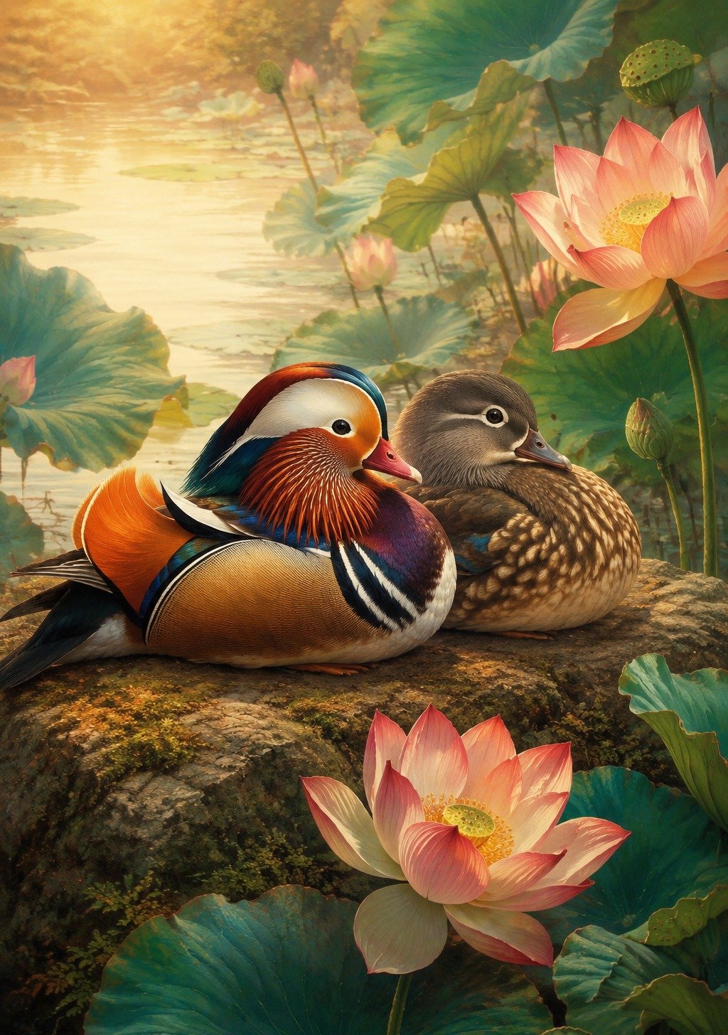 Mandarin Duck Pair on Lotus Pond in Morning Light – Love Good Fortune Wallpaper