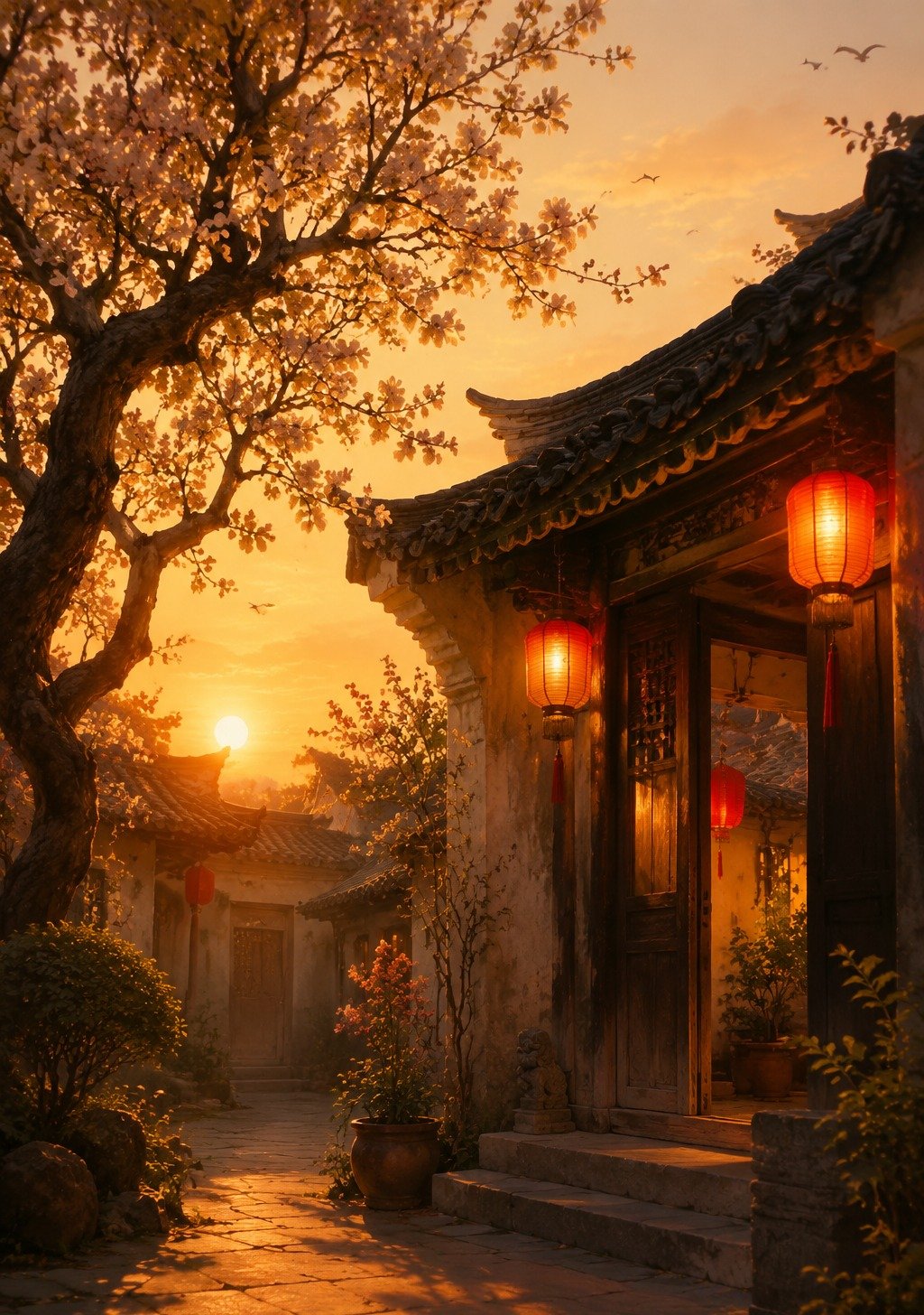 Warm Traditional Chinese Courtyard Home with Family Gathering at Sunset – Harmony Wallpaper