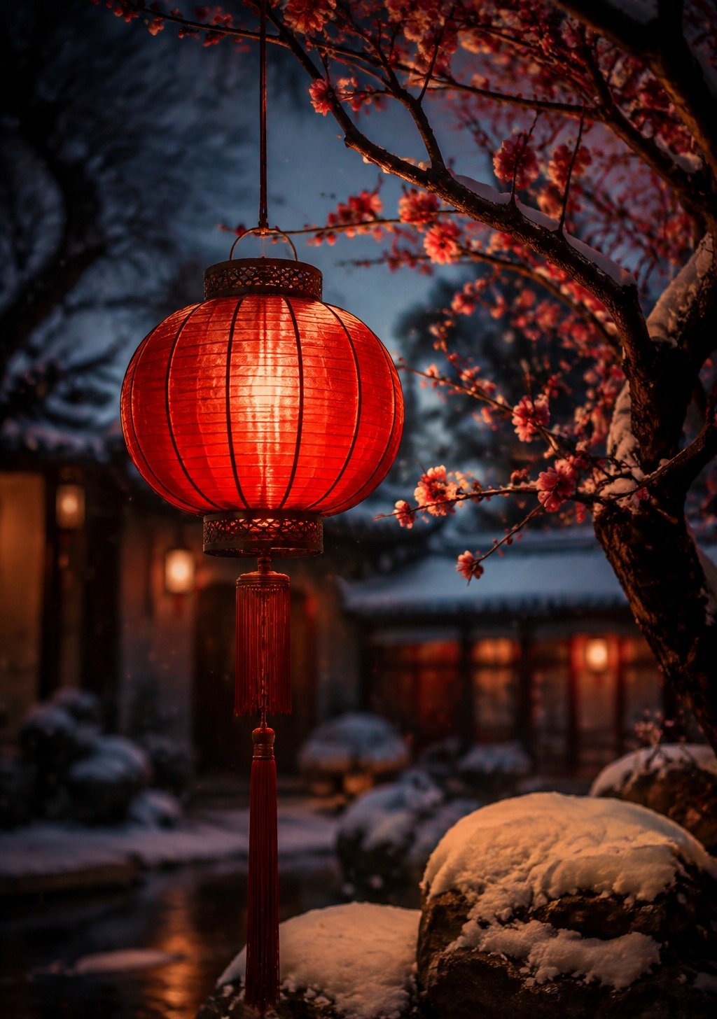 Red Lanterns Glowing Over Ancient Chinese Street at Night – Festival Fortune Wallpaper