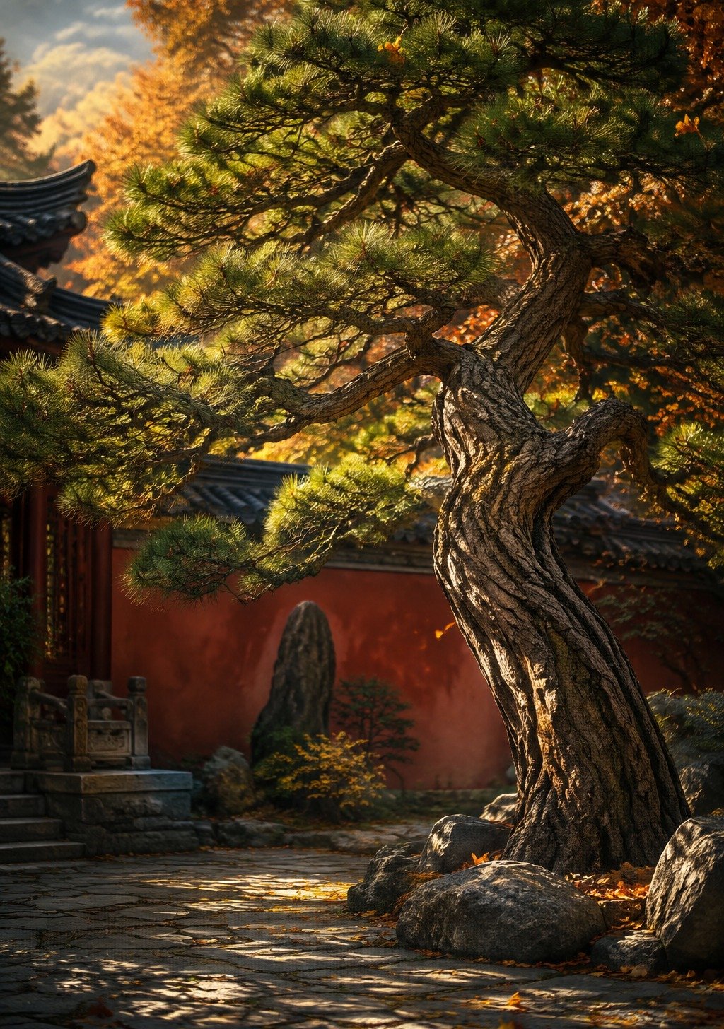 Ancient Pine Tree with Red Lanterns in Winter Snow – Longevity Fortune Wallpaper