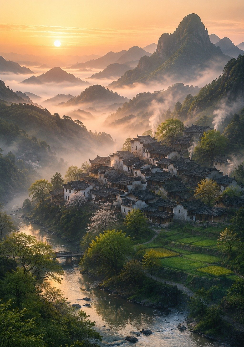 Traditional Chinese Village with Lanterns and Snow at Night – Community Fortune Wallpaper