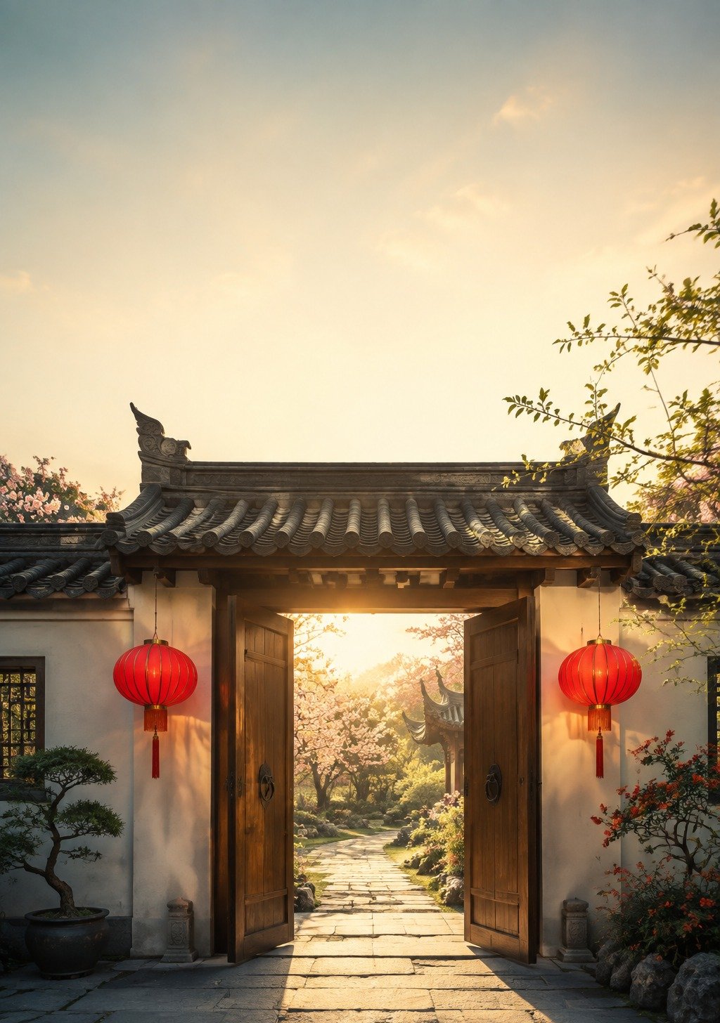 Traditional Chinese Garden Gate with Blooming Trees and Warm Light – Good Fortune Entry Wallpaper