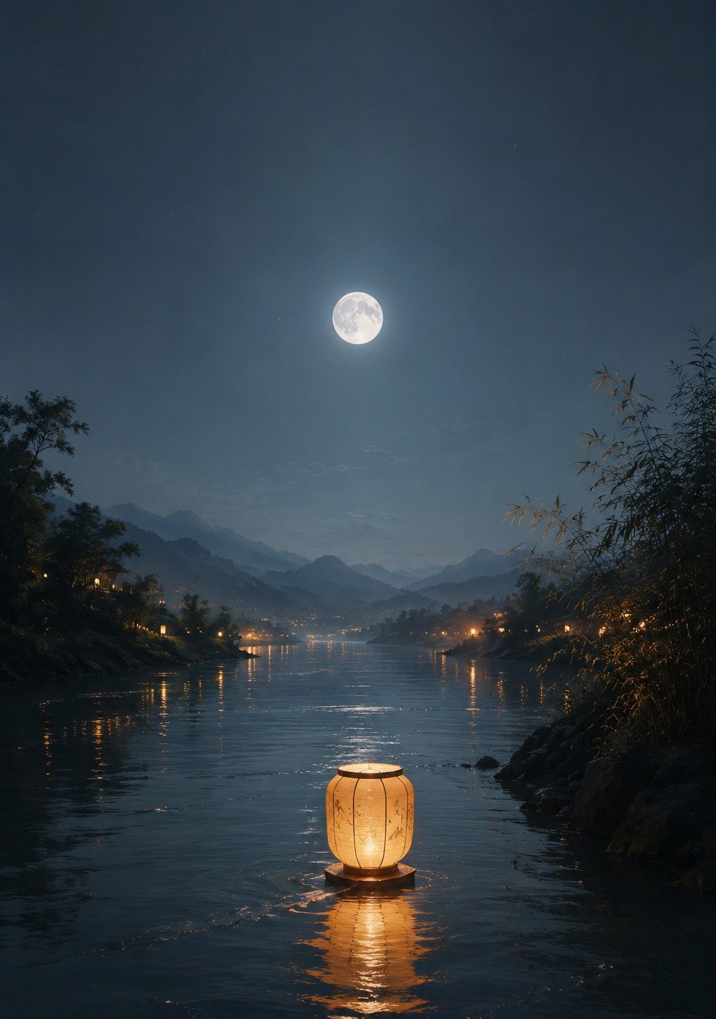 River Lanterns Floating on Night Water Under Full Moon – Blessing Fortune River Wallpaper