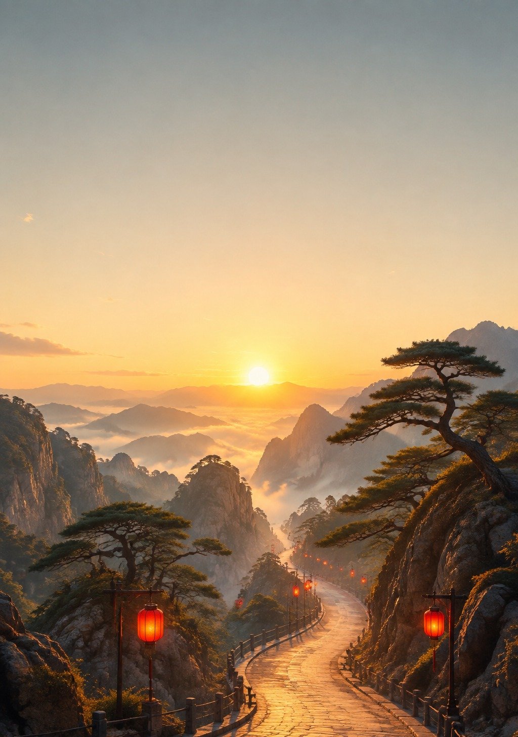 Ancient Chinese Mountain Road Winding Toward Bright Summit – Luck Road Wallpaper