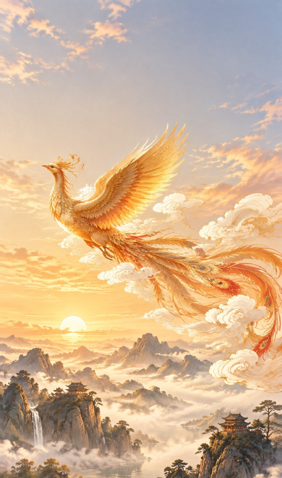 Phoenix Rising Through Clouds and Golden Sky – Rebirth Good Luck Wallpaper