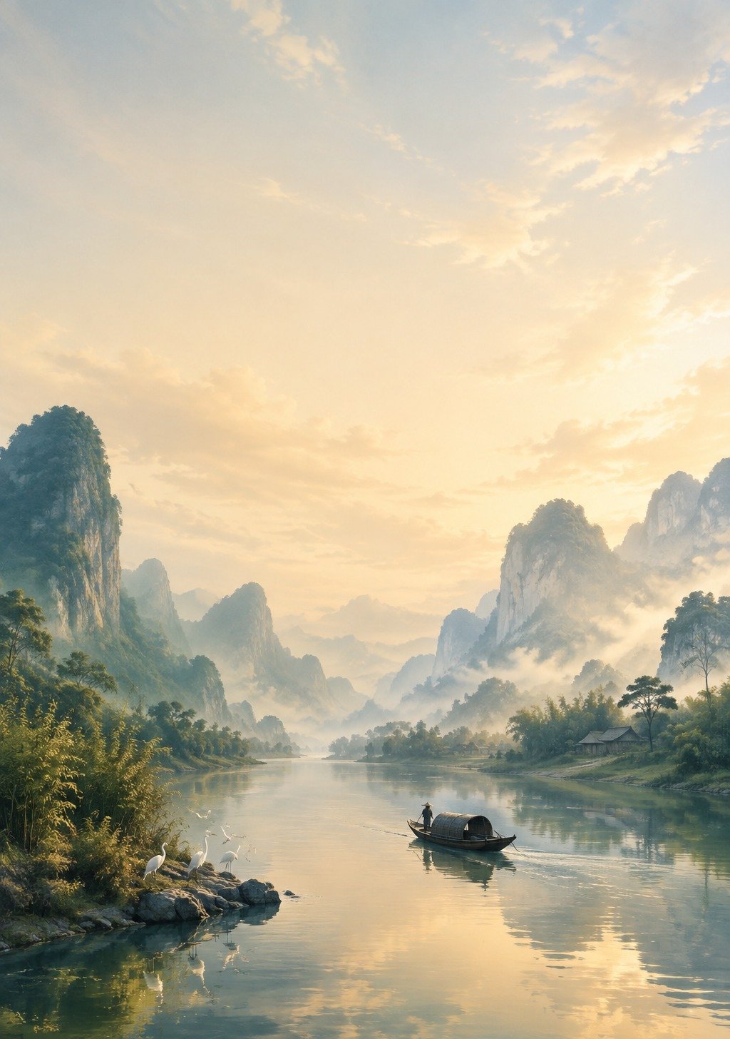 Wide Chinese River Flowing Through Ancient Mountain Valley at Golden Hour – Fortune Flow Wallpaper