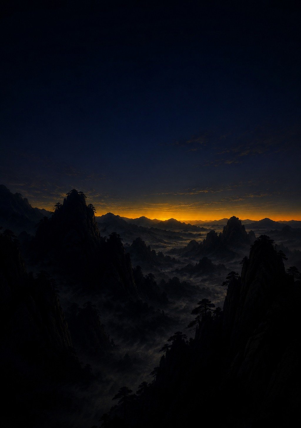 Dark Chinese Mountain Silhouettes with First Golden Dawn Light – Hope Wallpaper