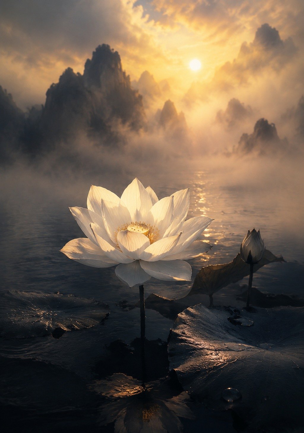 Pink Chinese Lotus Blooming at Dawn on Still Water – Hope Wallpaper