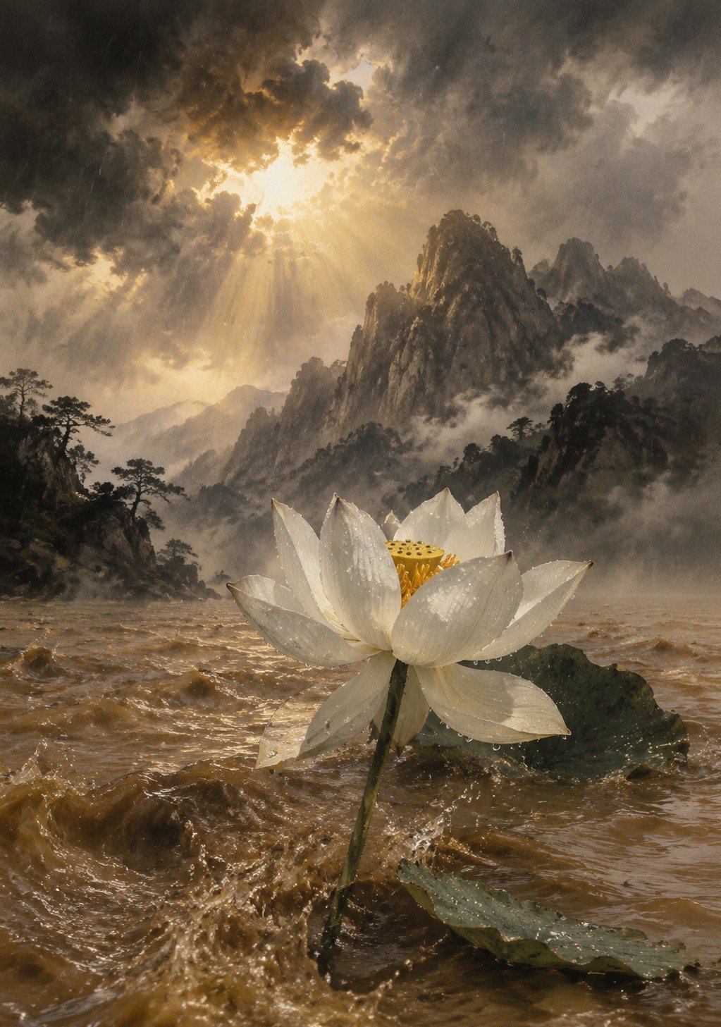 White Lotus with Raindrops on Still Lake – Purity Hope Chinese Wallpaper