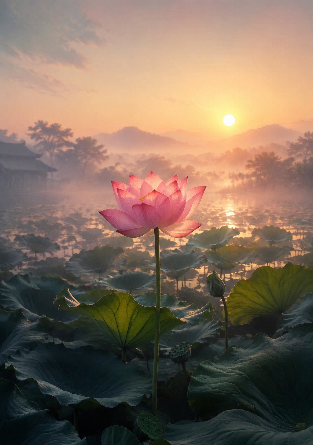 Pink Lotus Rising Above Green Lily Pads at Sunrise – Resilience Chinese Wallpaper