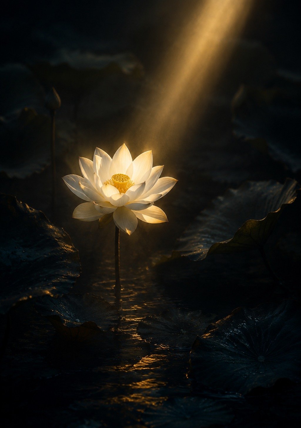 Single White Lotus Standing Alone on Misty Lake – Courage Hope Wallpaper