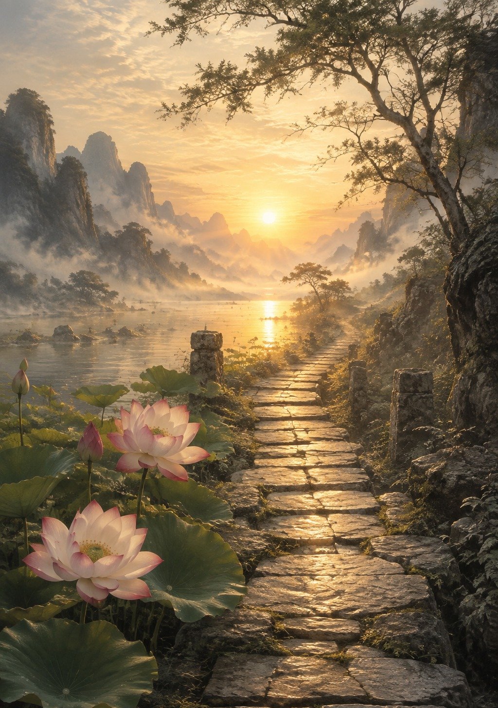 Pink Lotus Flowers in Golden Evening Light on Quiet Lake – Evening Hope Wallpaper