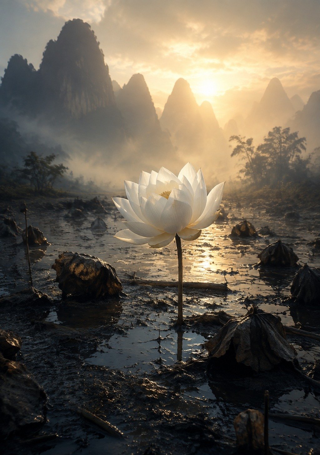 White Lotus Rising from Muddy Water at Dawn – Hope and Resilience Chinese Wallpaper