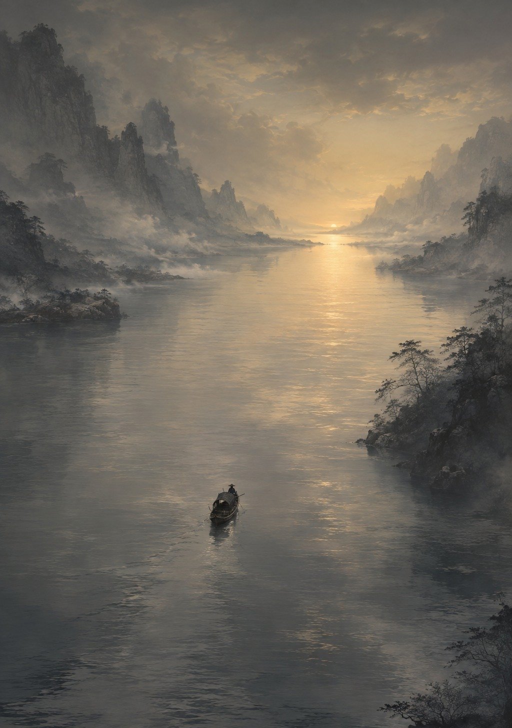 Single Tiny Boat on Vast Misty Chinese River Moving Toward Distant Light – Solitude Hope Wallpaper