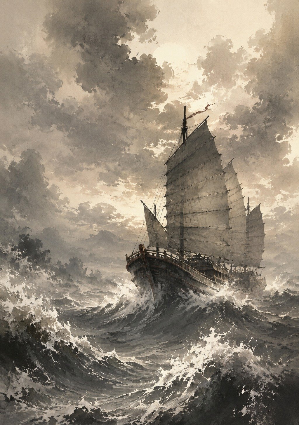 Traditional Chinese Sailing Junk Moving Forward Through Storm Waves – Courage Wallpaper
