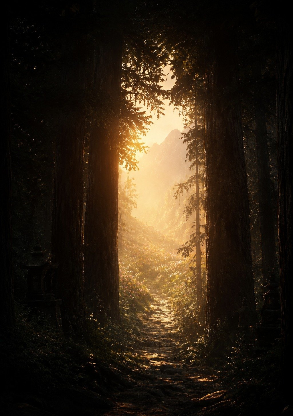 Dark Chinese Forest Opening Toward Bright Golden Flower Valley – Turning Point Hope Wallpaper