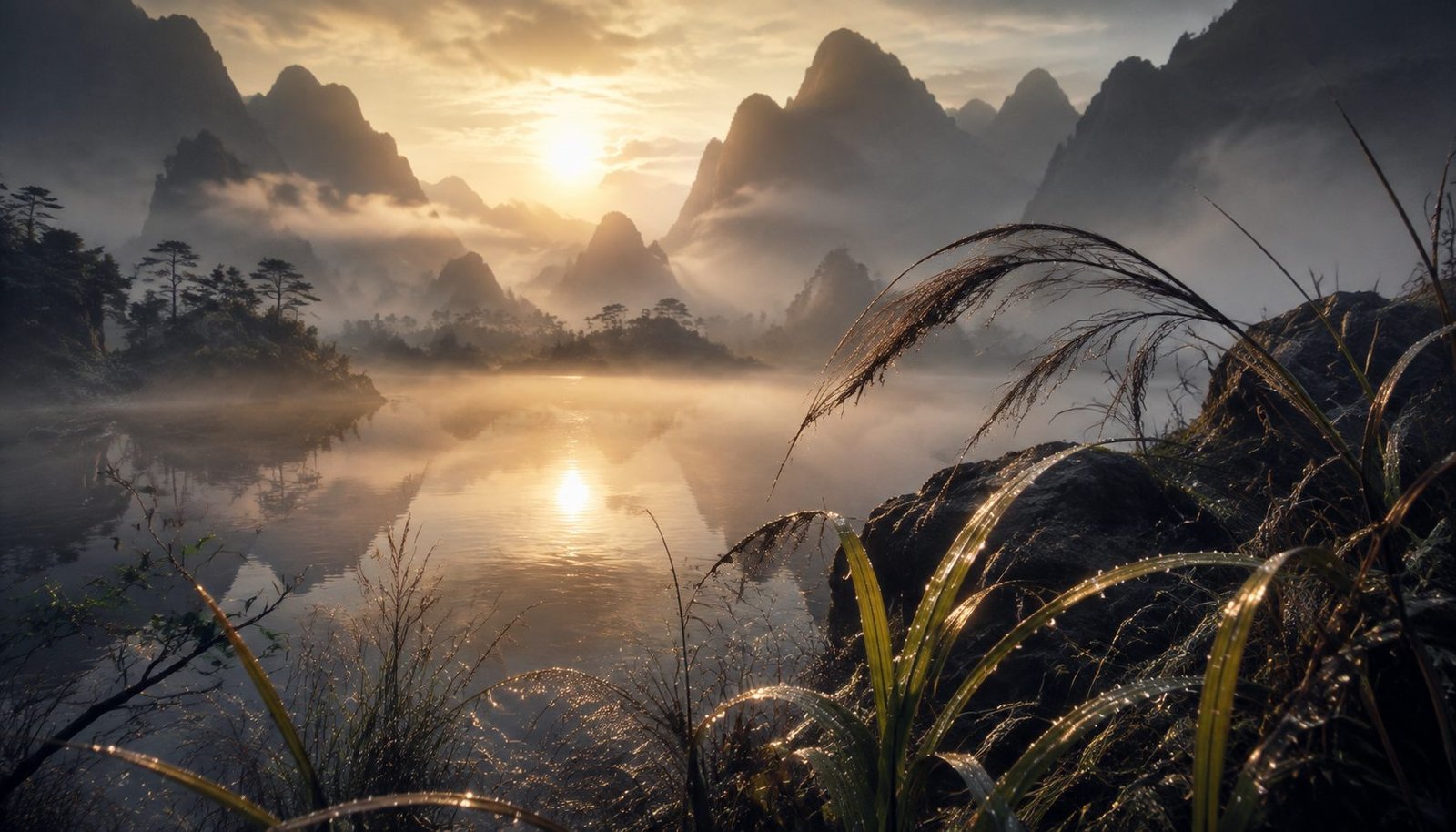 Morning Dew Drops on Chinese Mountain Grass at Dawn Clarity – White Dew Solar Term Wallpaper