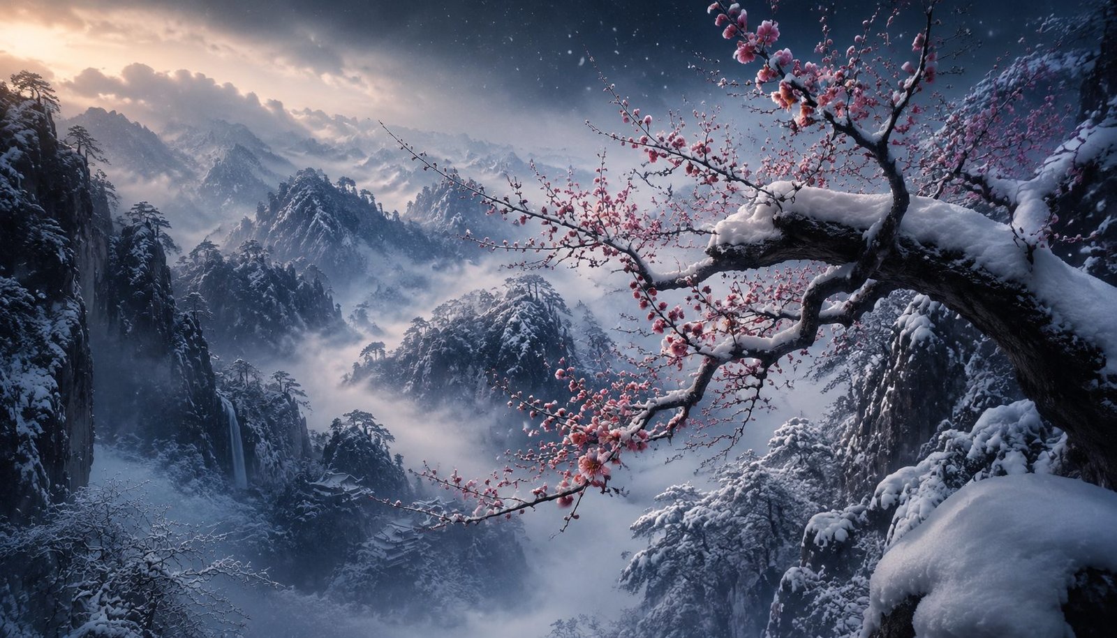 Deep Winter Snowscape with Plum Blossoms in Chinese Mountain – Major Cold Final Solar Term Wallpaper