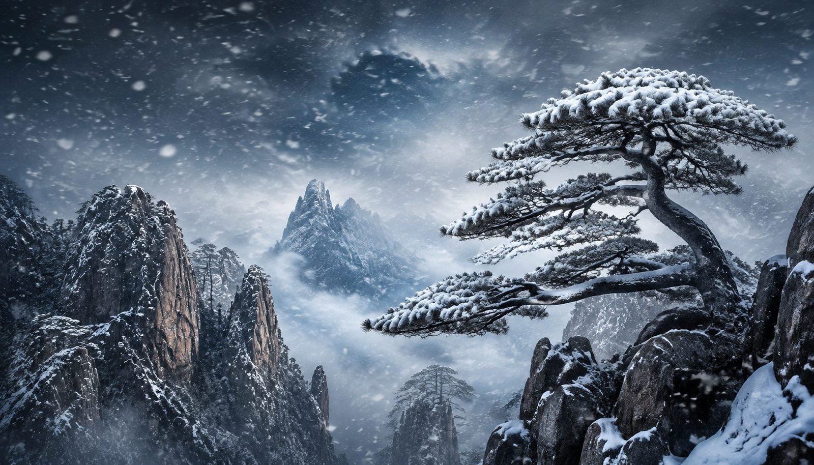 Heavy Snowfall on Chinese Mountain Peaks and Ancient Pine Trees – Major Snow Endurance Wallpaper