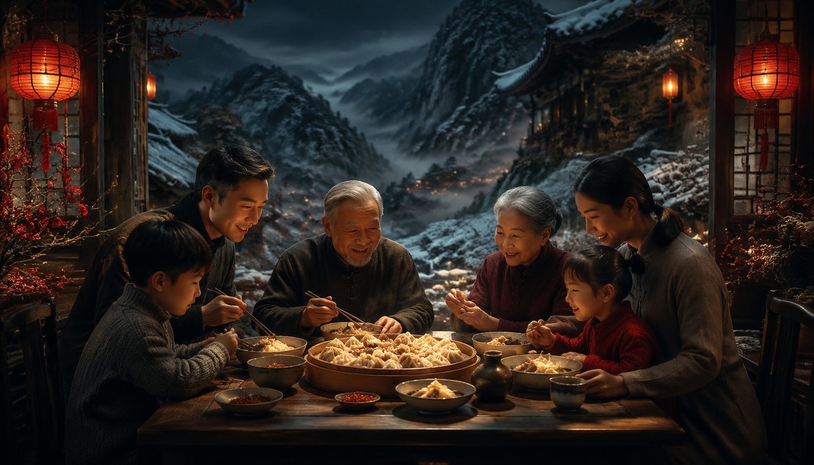 Chinese Family Gathering Around Winter Solstice Table with Dumplings and Warmth – Turning Point Wallpaper