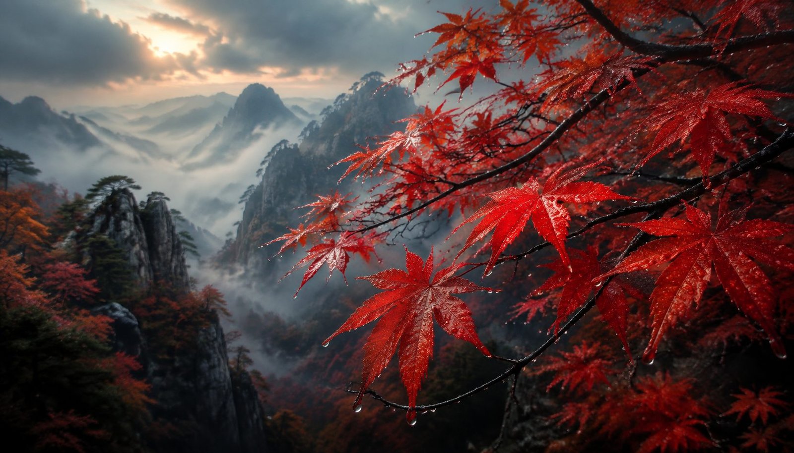 Cold Morning Dew on Chinese Red Maple Leaves in Autumn – Cold Dew Preparation Wallpaper