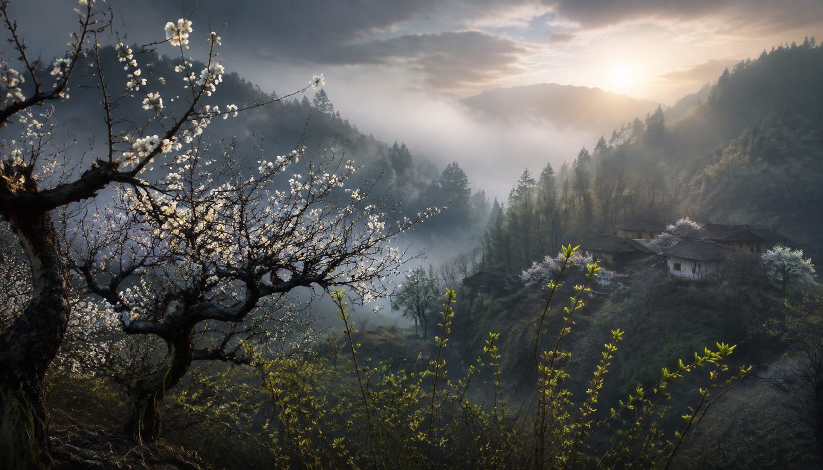 First Signs of Spring in Chinese Countryside with Plum Blossoms and New Green – Start of Spring Wallpaper
