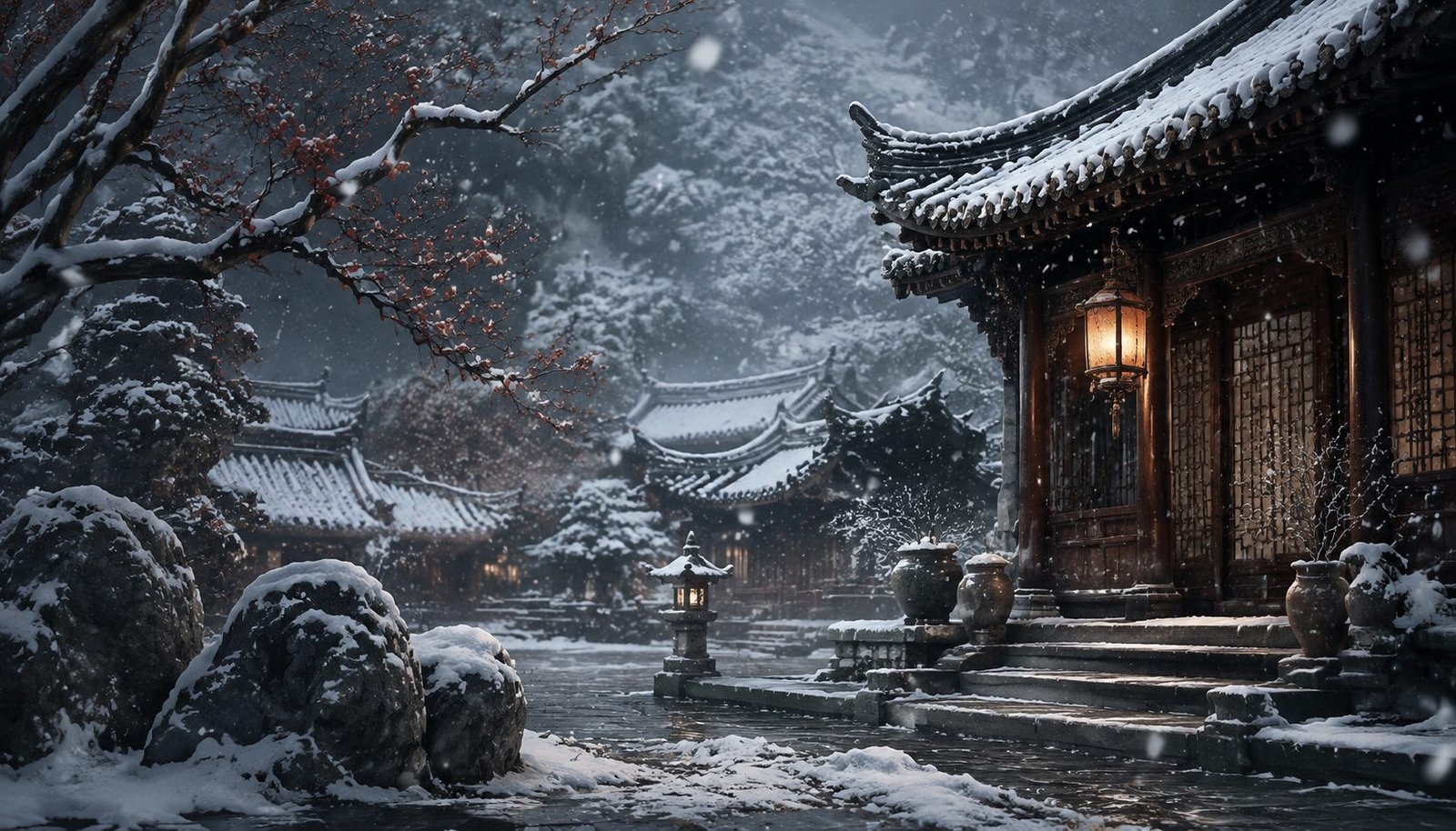 First Snow Falling on Ancient Chinese Courtyard at Start of Winter – Winter Rest Wallpaper