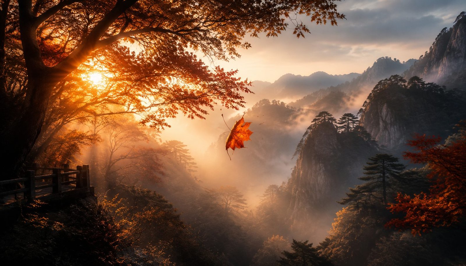 First Autumn Leaf Falling in Chinese Mountain Forest at Sunrise – Start of Autumn Direction Wallpaper