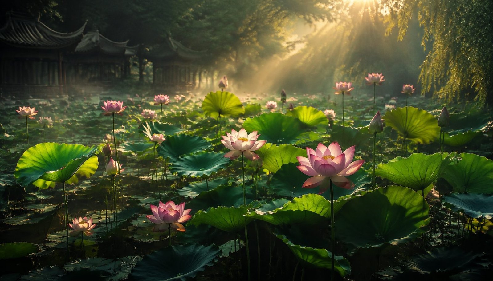 Chinese Lotus Pond Fully Alive in Summer Sunshine – Start of Summer Solar Term Wallpaper
